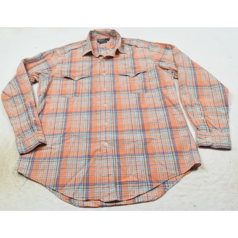 Vintage Polo Ralph Lauren Trim Western Shirt Mens XL Orange Plaid Long Sleeve